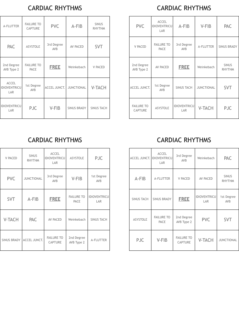 CARDIAC RHYTHMS Bingo Cards