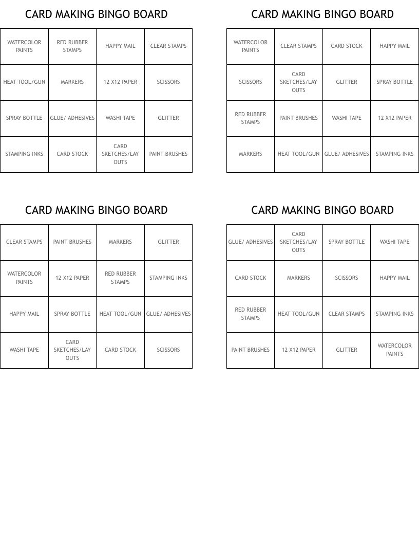 CARD MAKING BINGO BOARD  