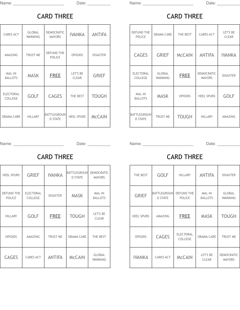 CARD THREE Bingo Cards