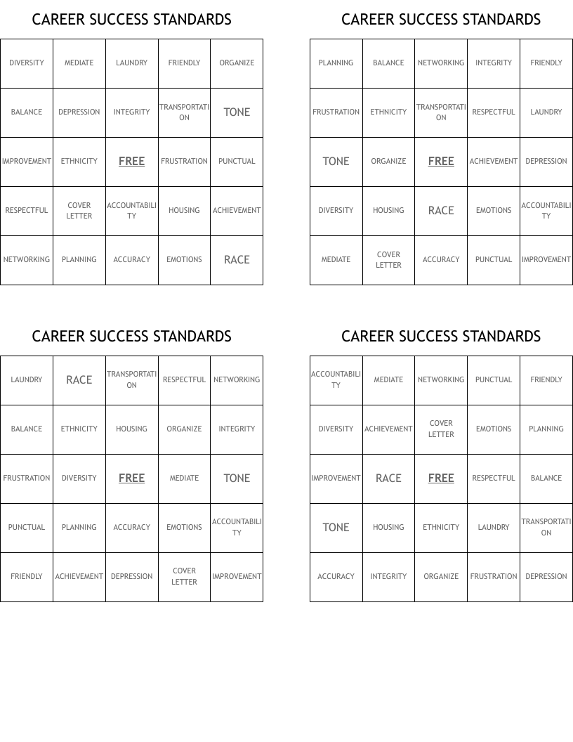 CAREER SUCCESS STANDARDS Bingo Cards