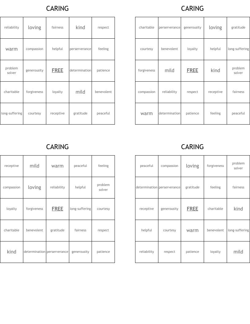 CARING Bingo Cards