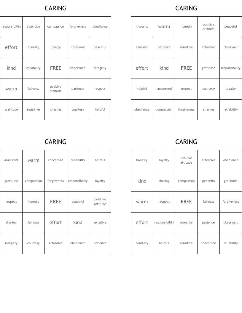 CARING Bingo Cards