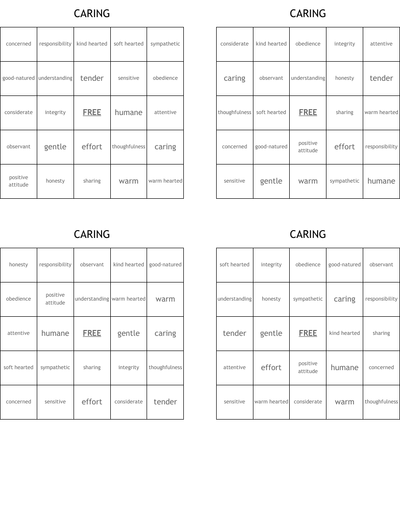 CARING Bingo Cards