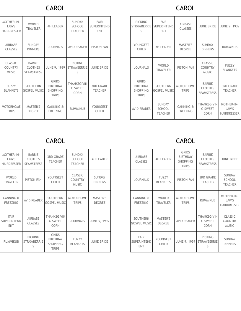 CAROL Bingo Cards