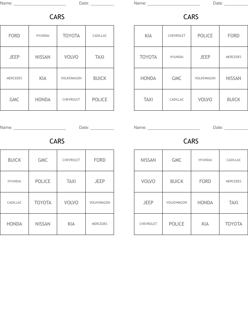 CARS Bingo Cards