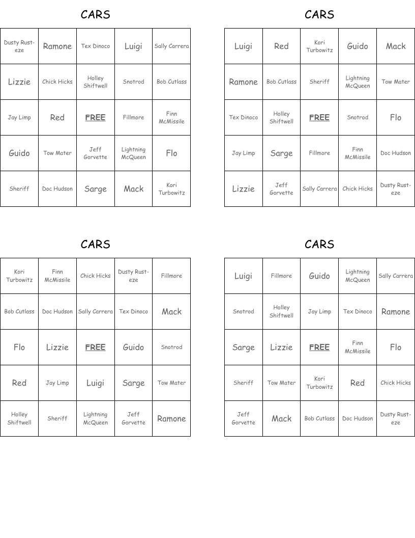 CARS Bingo Cards