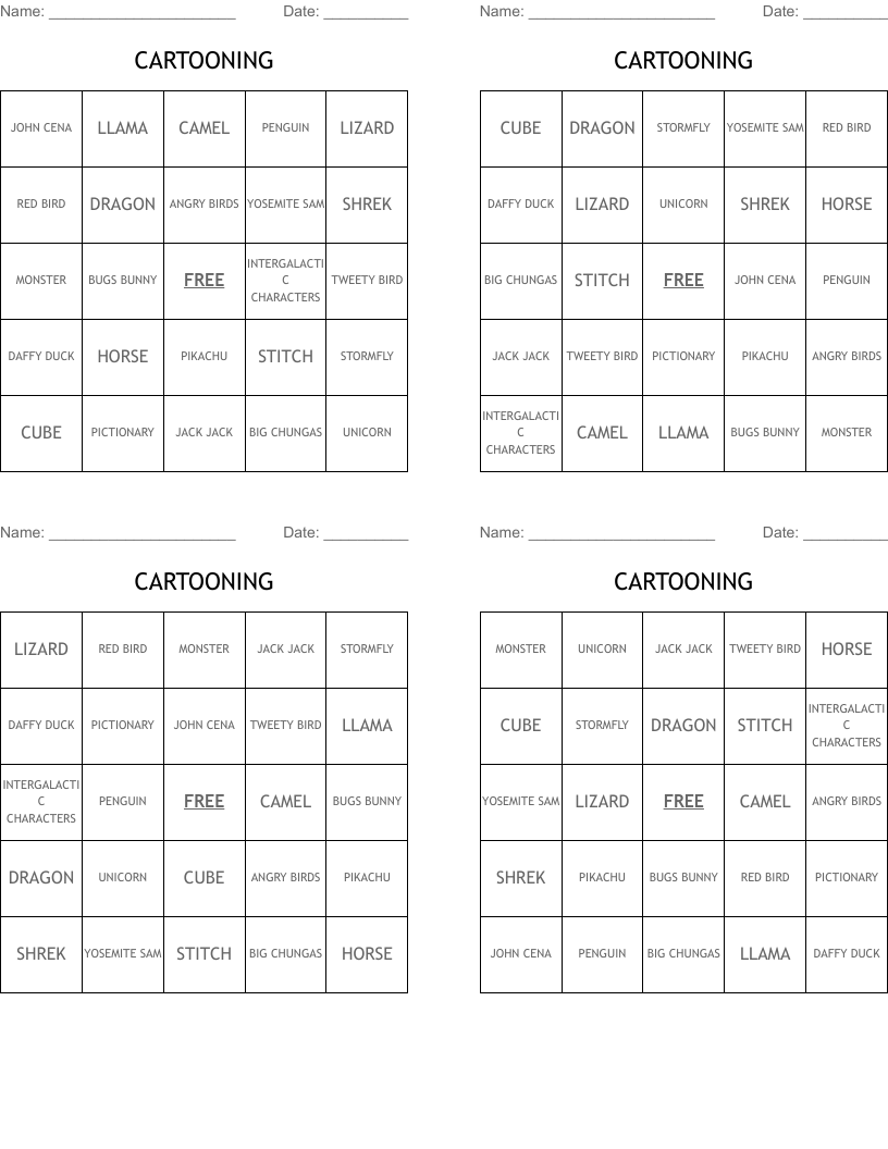 CARTOONING Bingo Cards