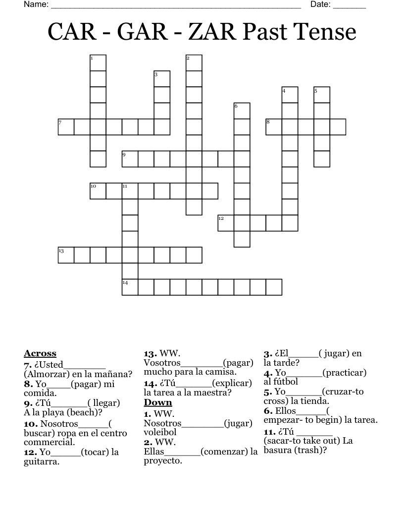 CAR - GAR - ZAR  Past Tense  Crossword