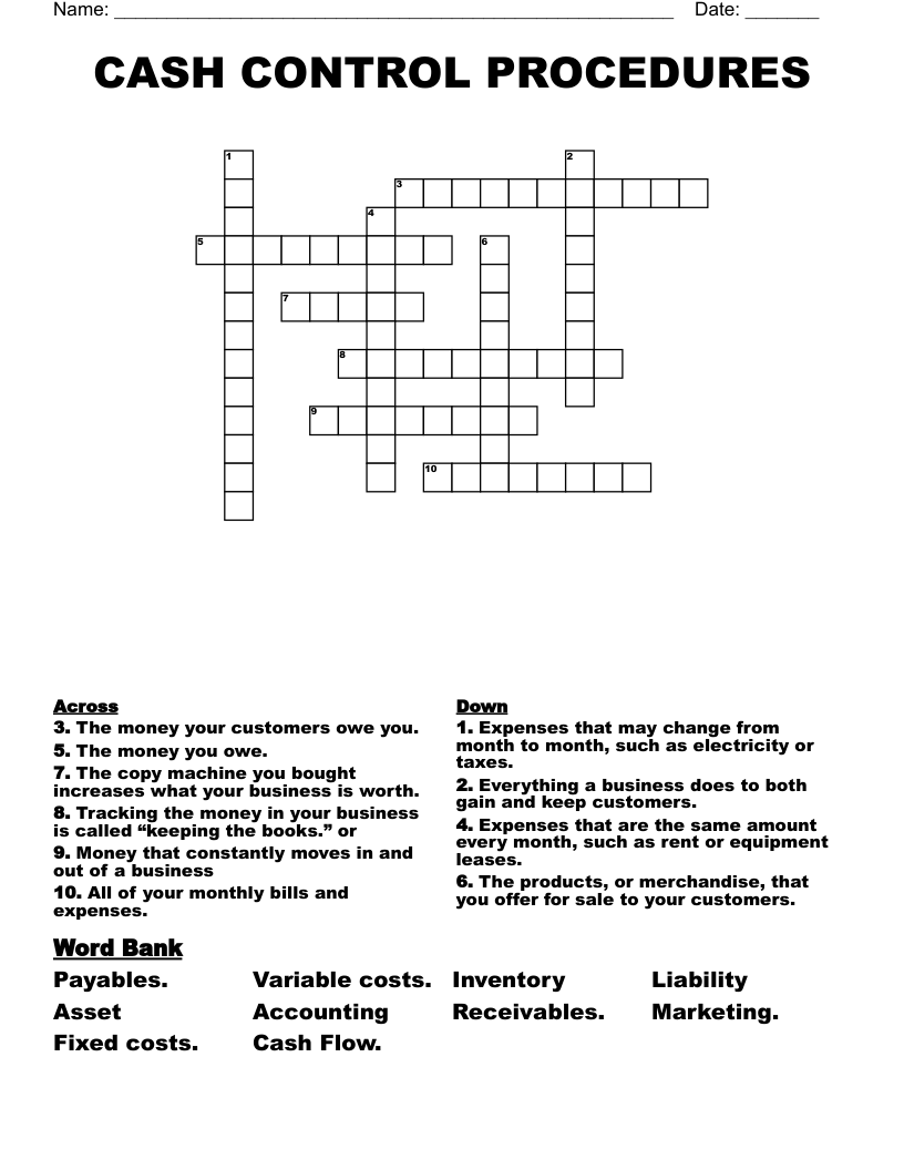 CASH CONTROL PROCEDURES Crossword