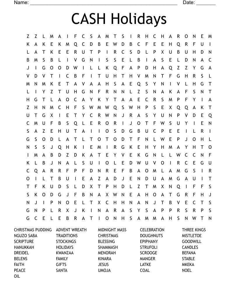 CASH Holidays Word Search