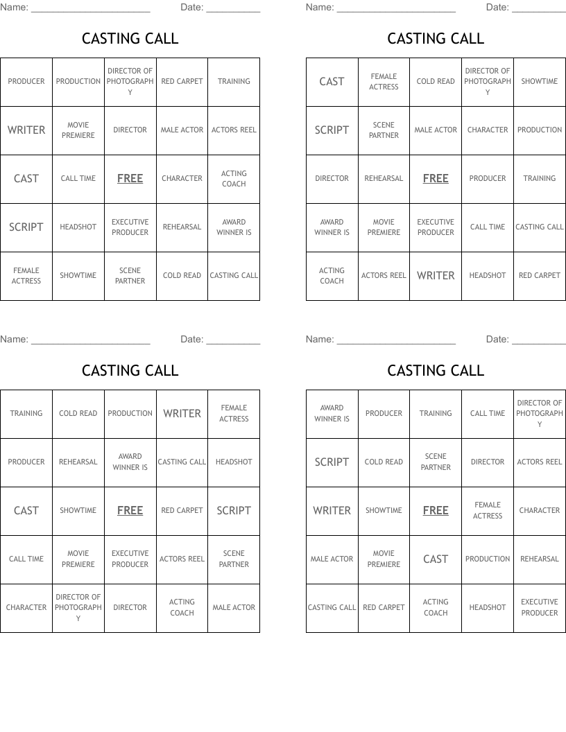 CASTING CALL Bingo Cards