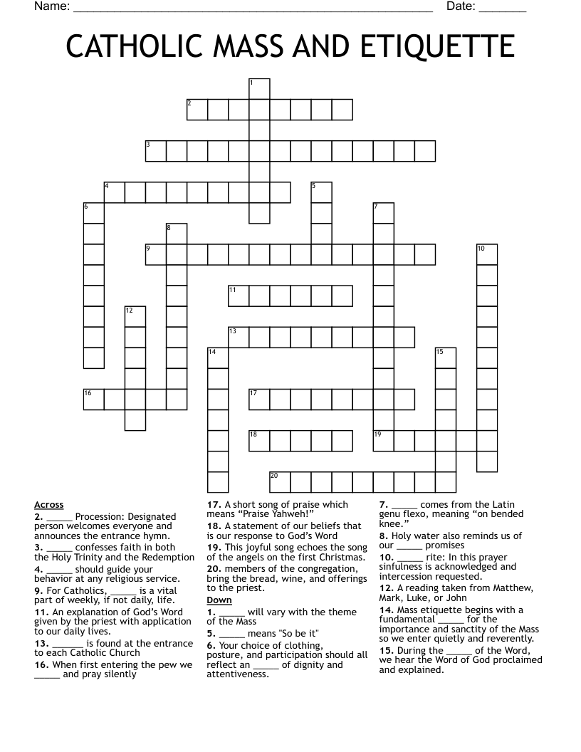CATHOLIC MASS AND ETIQUETTE  Crossword