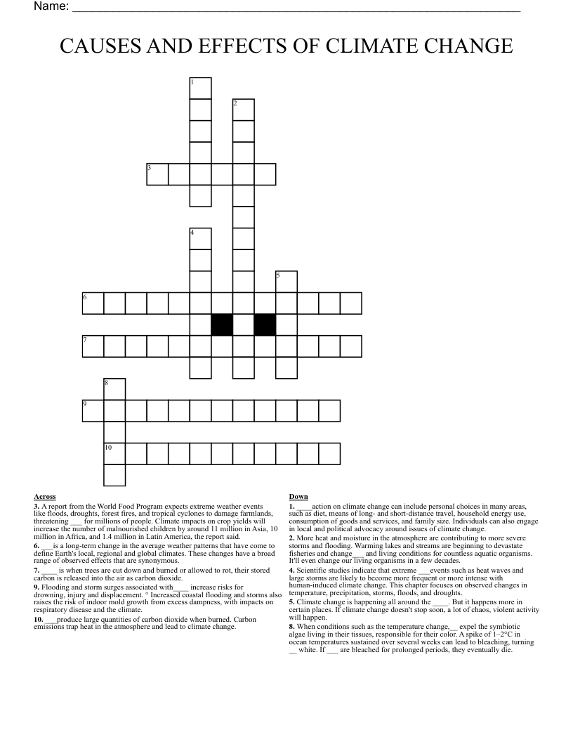 CAUSES AND EFFECTS OF CLIMATE CHANGE Crossword