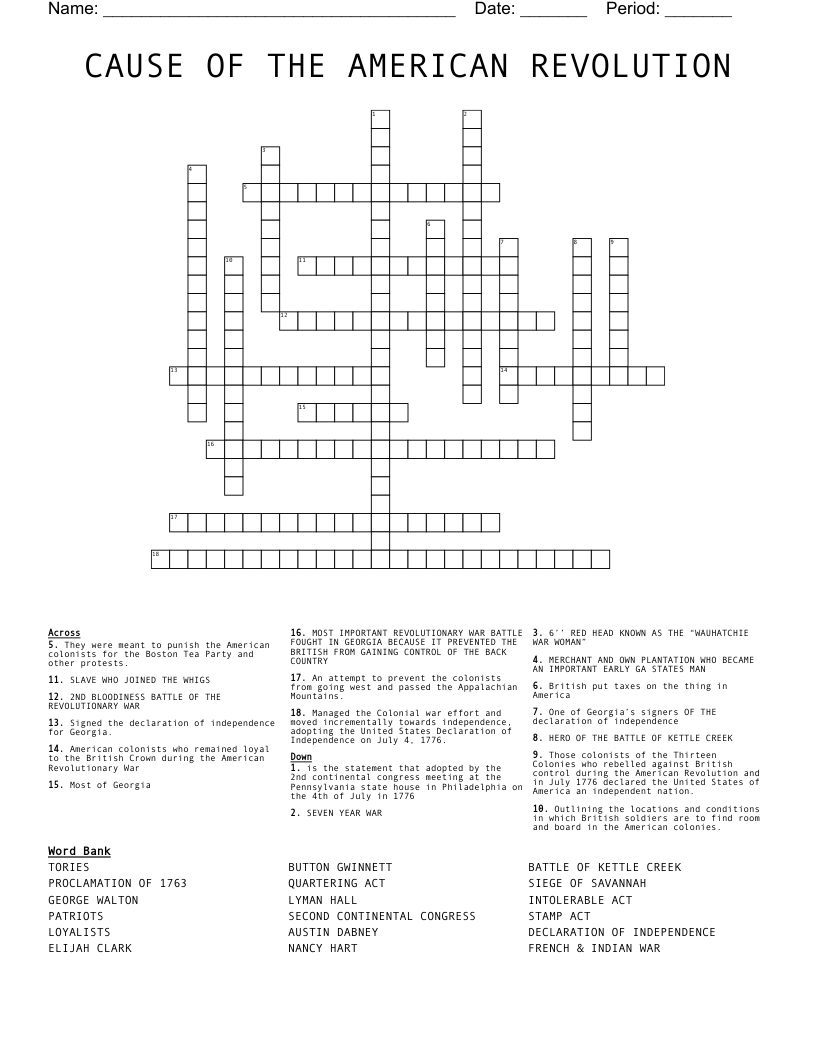 CAUSE OF THE AMERICAN REVOLUTION Crossword