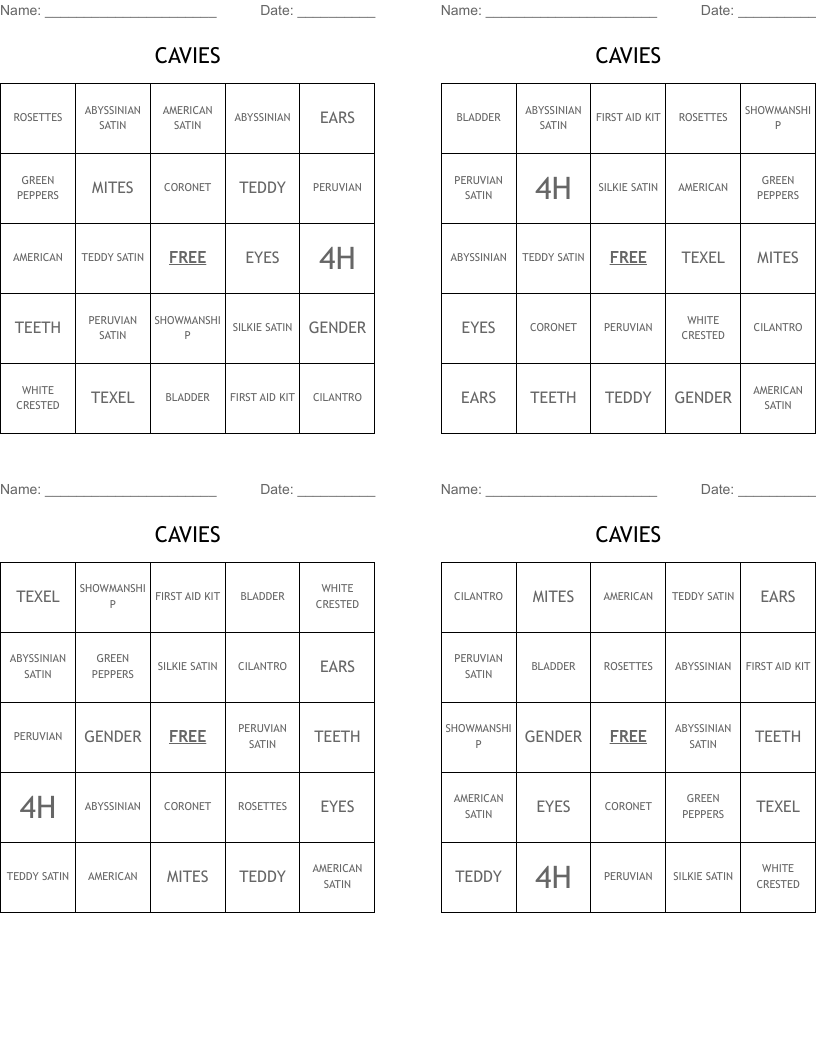 CAVIES Bingo Cards