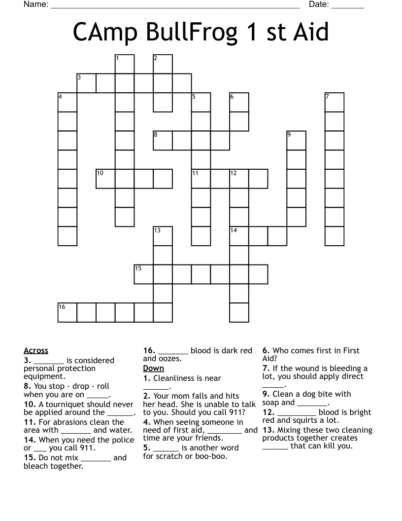 CAmp BullFrog 1 st Aid Crossword