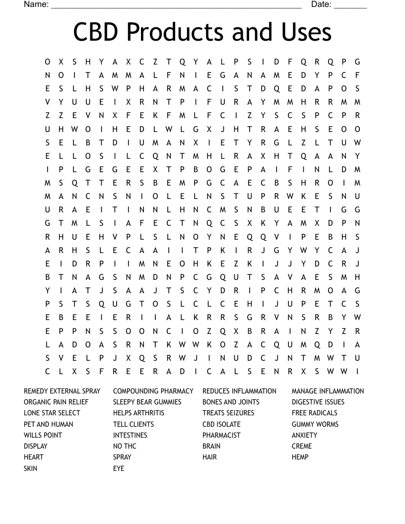 CBD Products and Uses Word Search