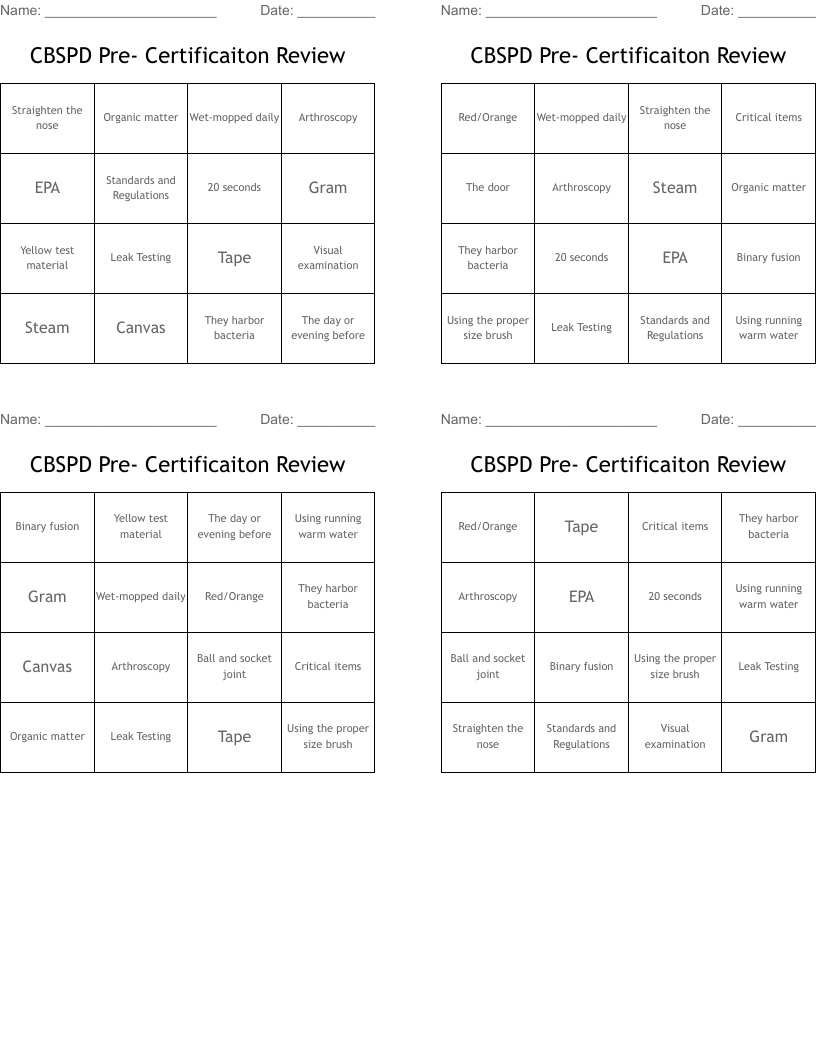 CBSPD Pre- Certificaiton Review Bingo Cards