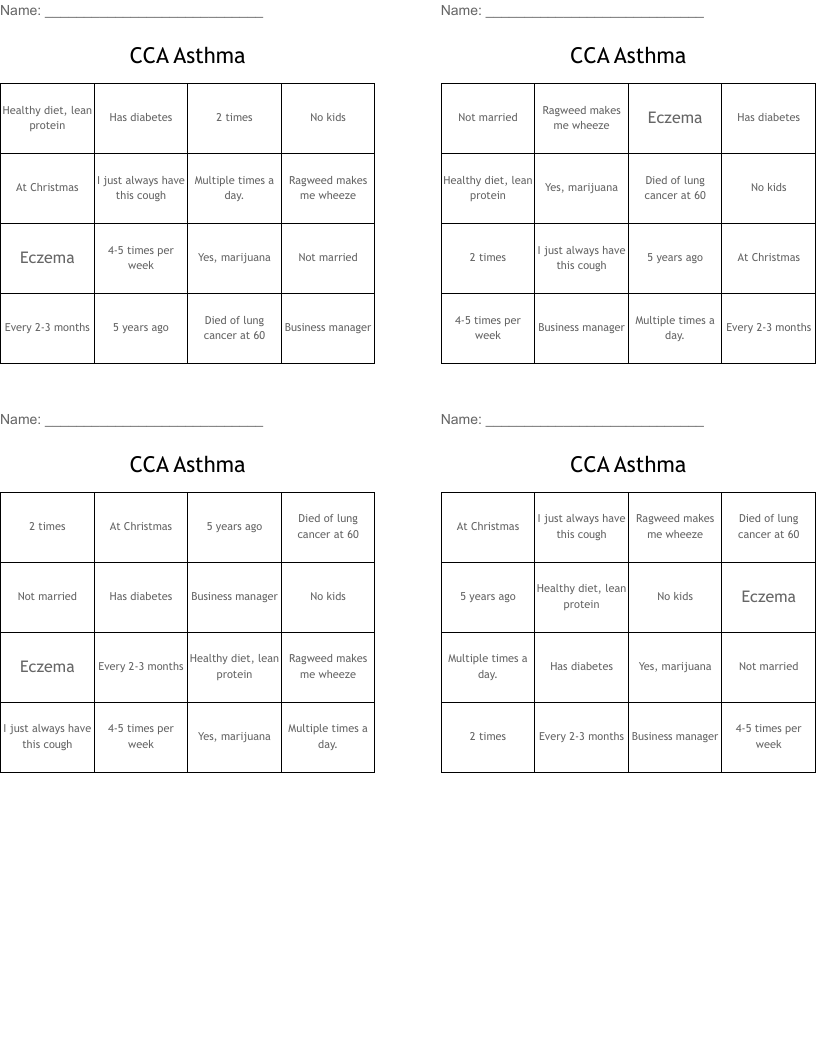 CCA Asthma Bingo Cards