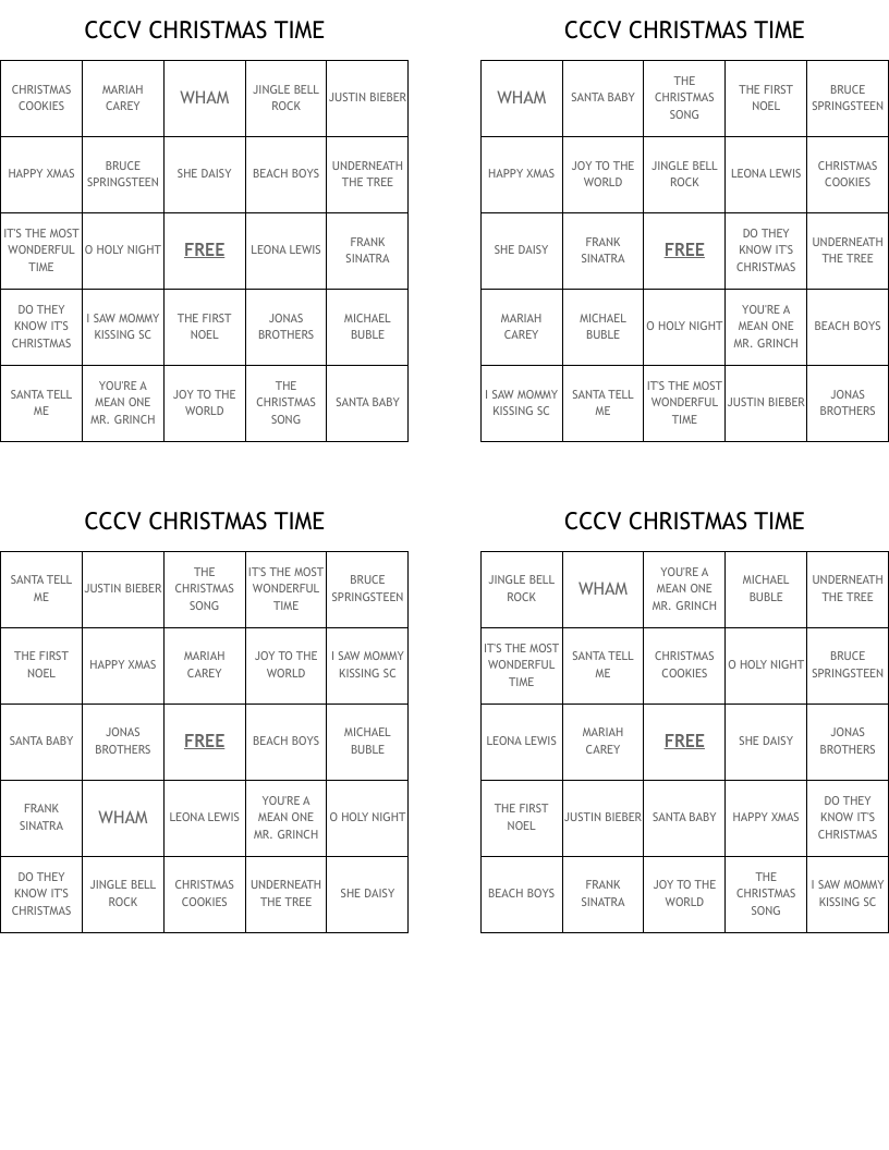 CCCV CHRISTMAS TIME Bingo Cards