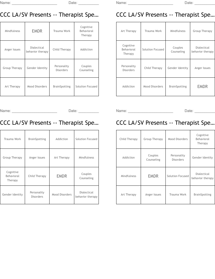 CCC LA/SV Presents -- Therapist Specialty Bingo
