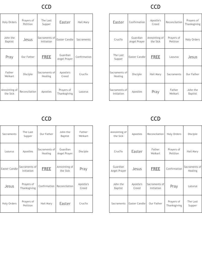 CCD Bingo Cards