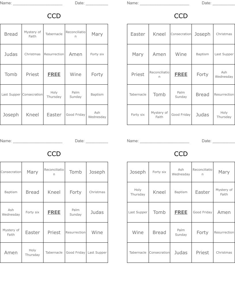 CCD Bingo Cards