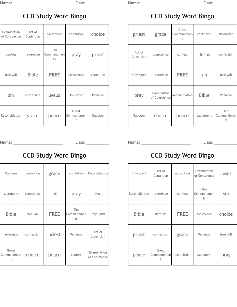 CCD Study Word Bingo