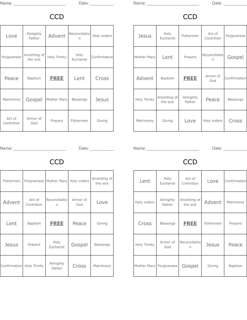 CCD  Bingo Cards