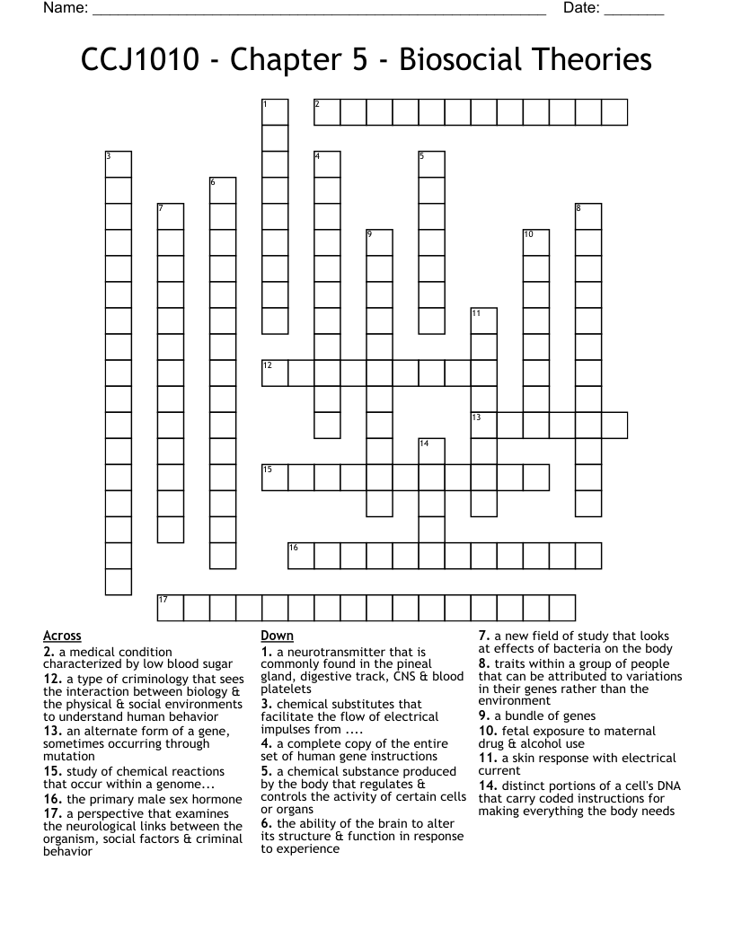 CCJ1010  - Chapter 5 - Biosocial Theories Crossword