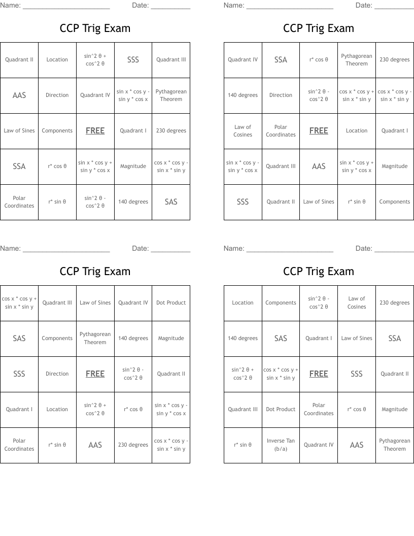 CCP Trig Exam Bingo Cards