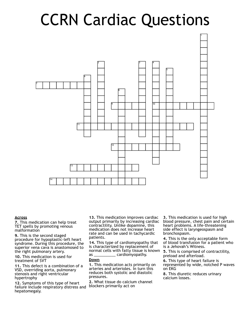 CCRN Cardiac Questions Crossword