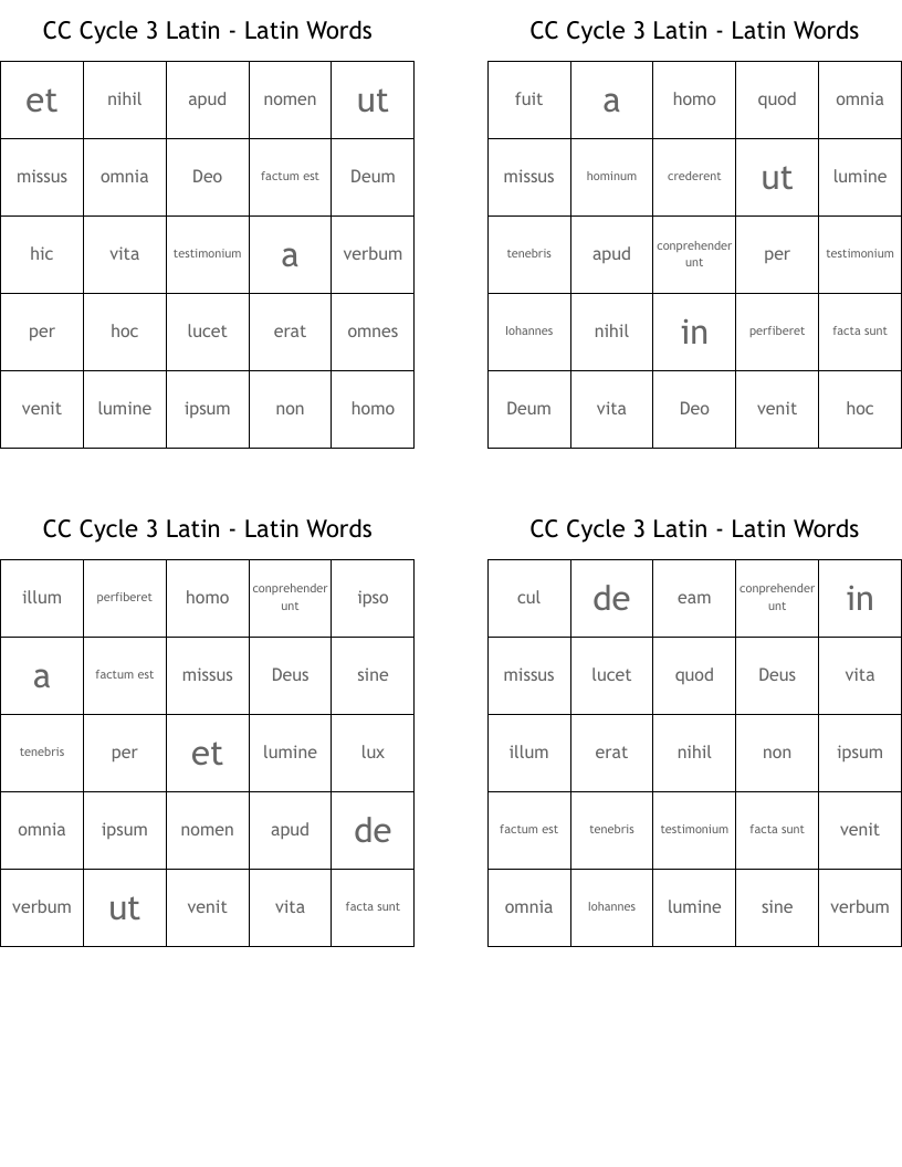 CC Cycle 3 Latin - Latin Words Bingo Cards