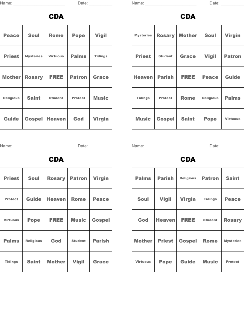 CDA Bingo Cards