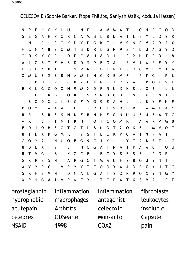 CELECOXIB (Sophie Barker, Pippa Phillips, Saniyah Malik, Abdulla Hassan) Word Search