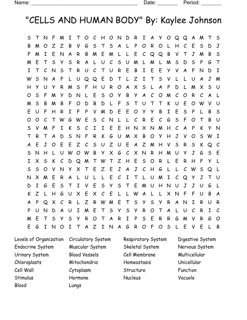 "CELLS AND HUMAN BODY" By: Kaylee Johnson Word Search