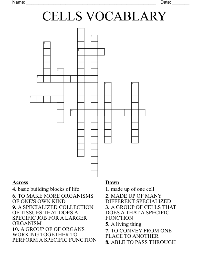 CELLS VOCABLARY Crossword