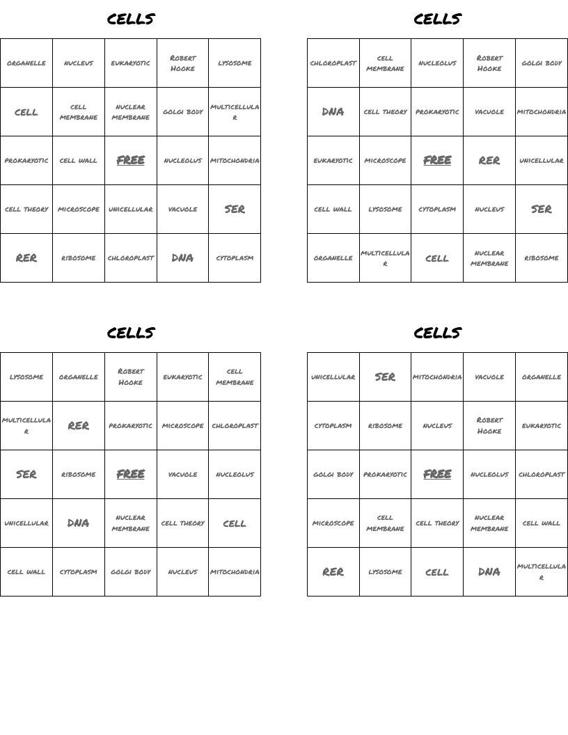 CELLS  Bingo Cards