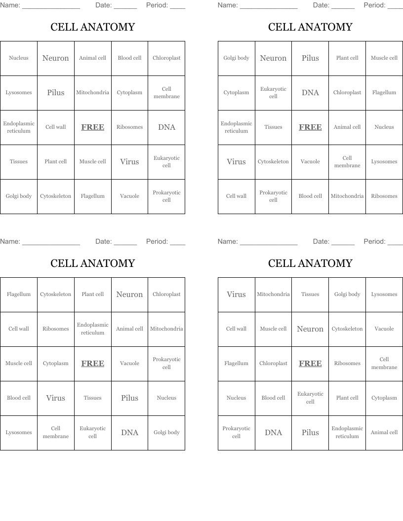 CELL ANATOMY Bingo Cards