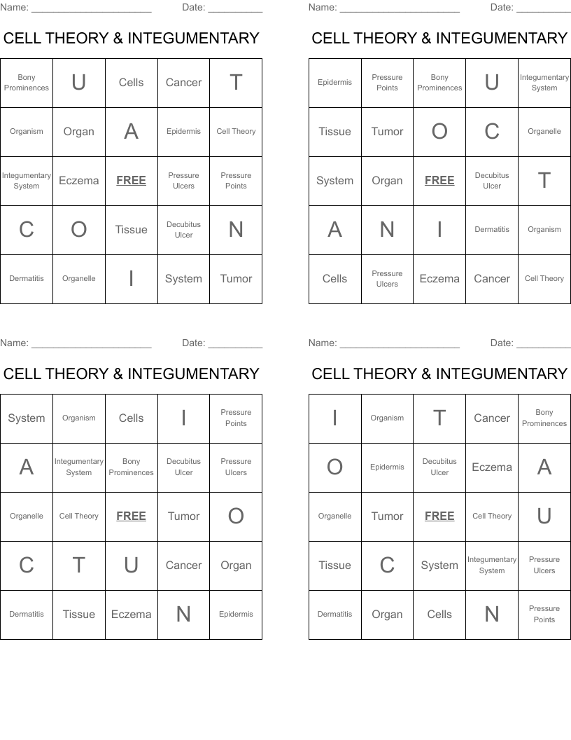CELL THEORY & INTEGUMENTARY  Bingo Cards