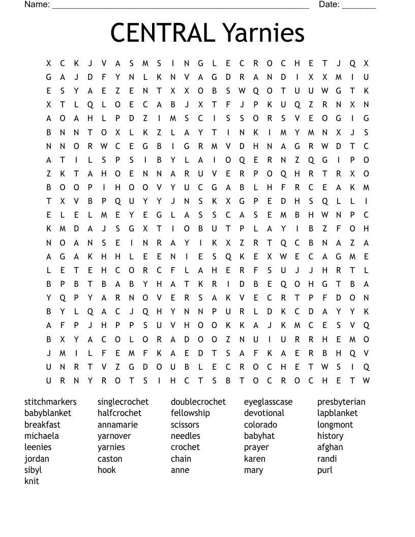CENTRAL Yarnies Word Search