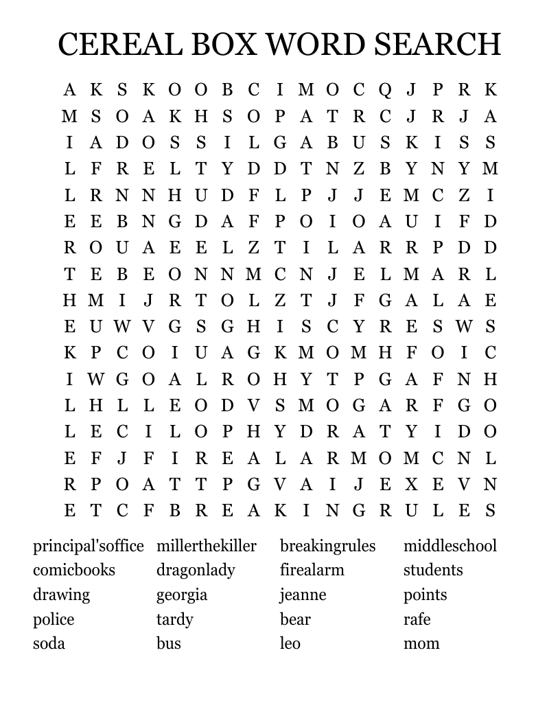 CEREAL BOX WORD SEARCH