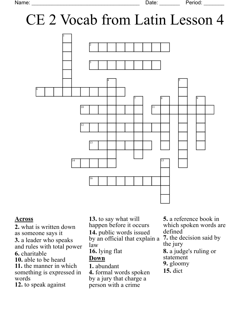 CE 2 Vocab from Latin Lesson 4 Crossword