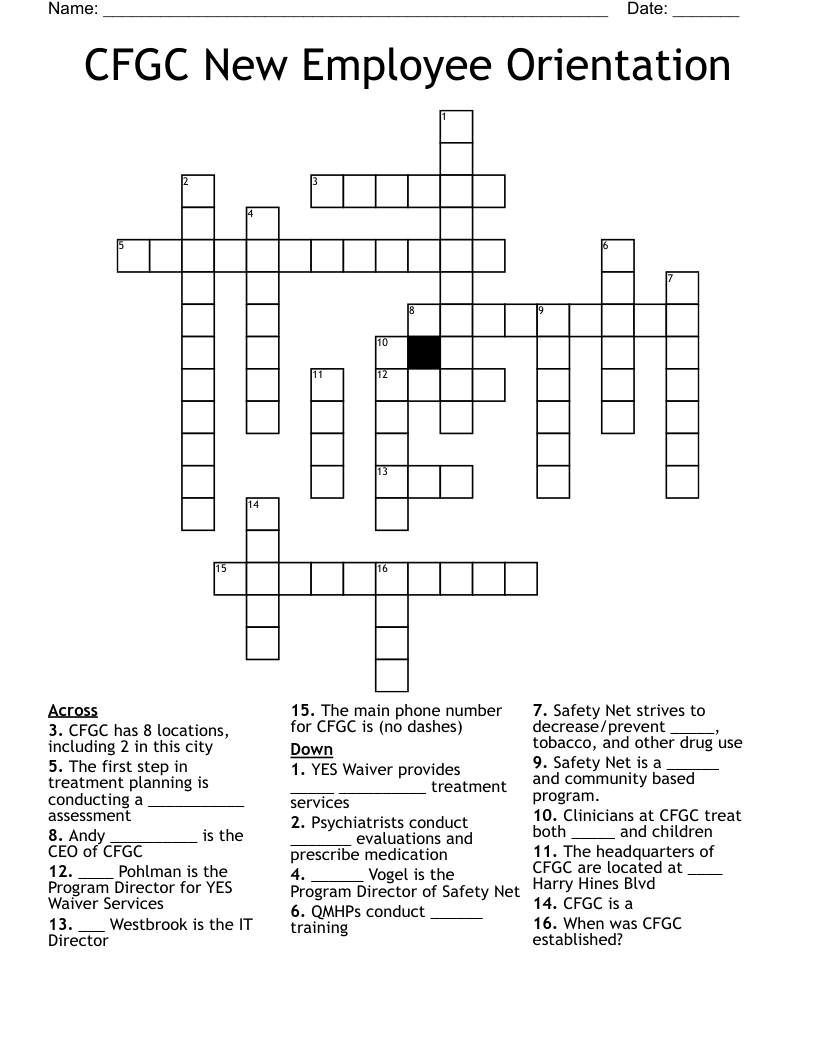 CFGC New Employee Orientation Crossword