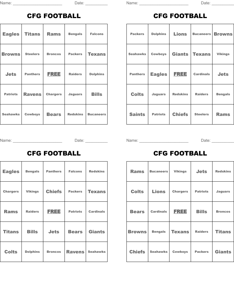CFG FOOTBALL Bingo Cards