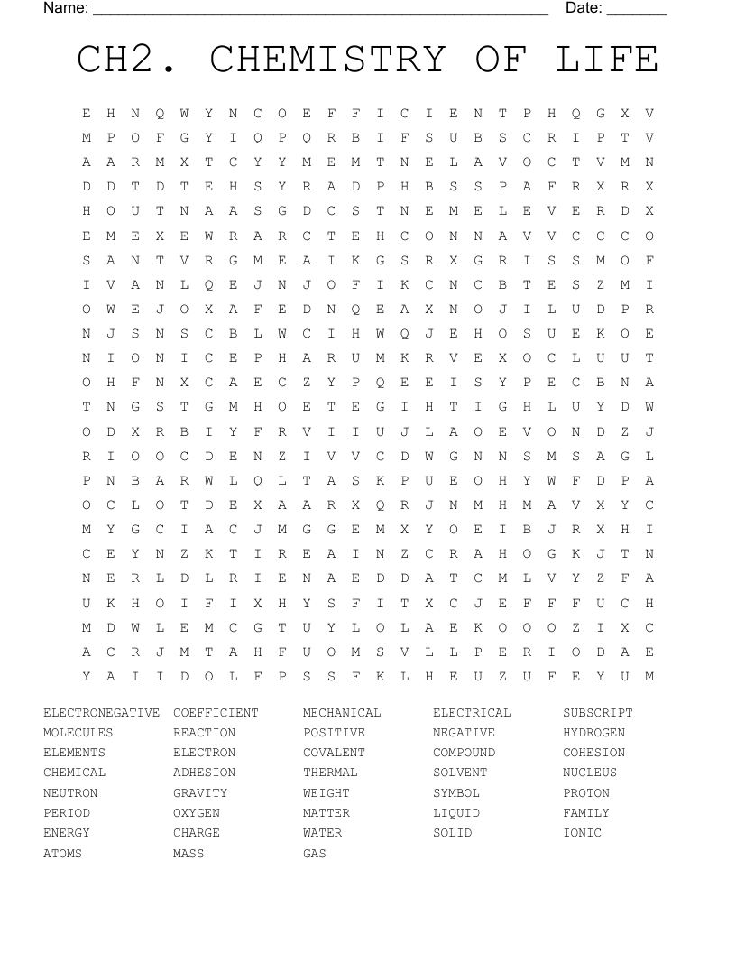 CH2. CHEMISTRY OF LIFE Word Search