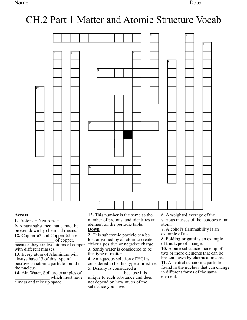 CH.2 Part 1 Matter and Atomic Structure Vocab Crossword
