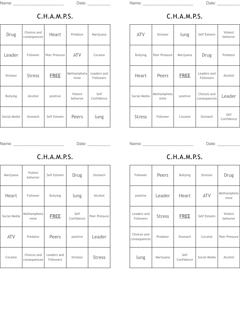 C.H.A.M.P.S. Bingo Cards