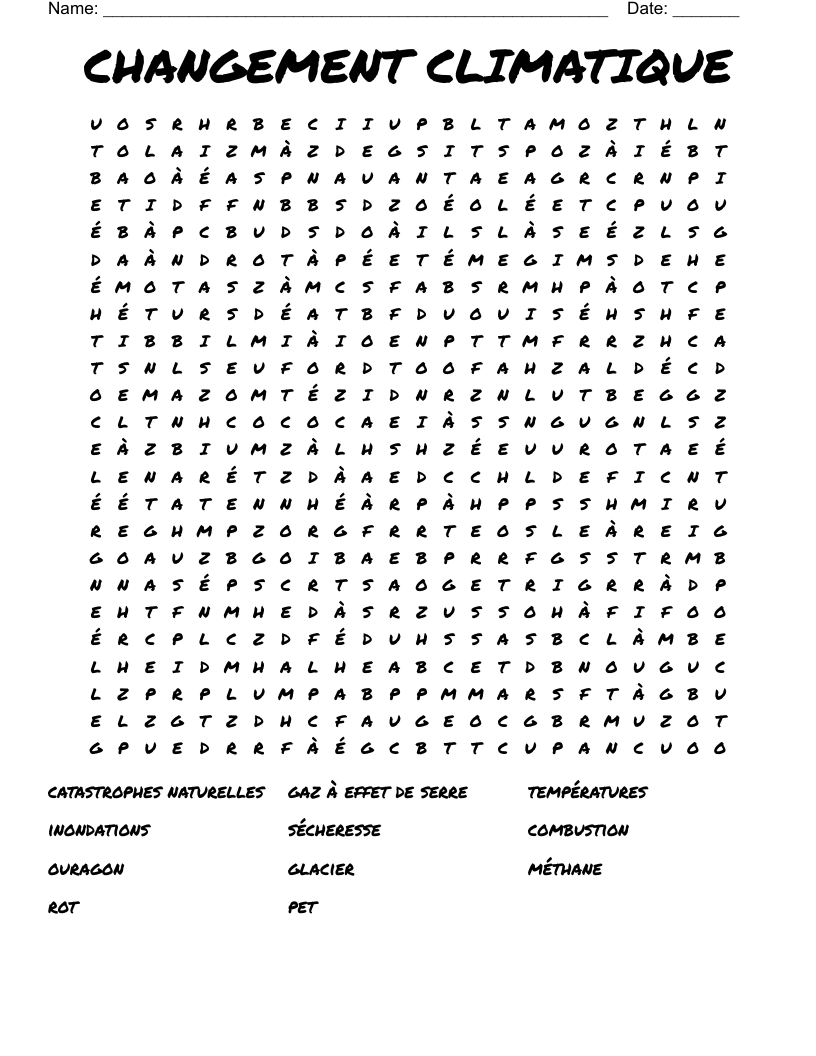 CHANGEMENT CLIMATIQUE Word Search