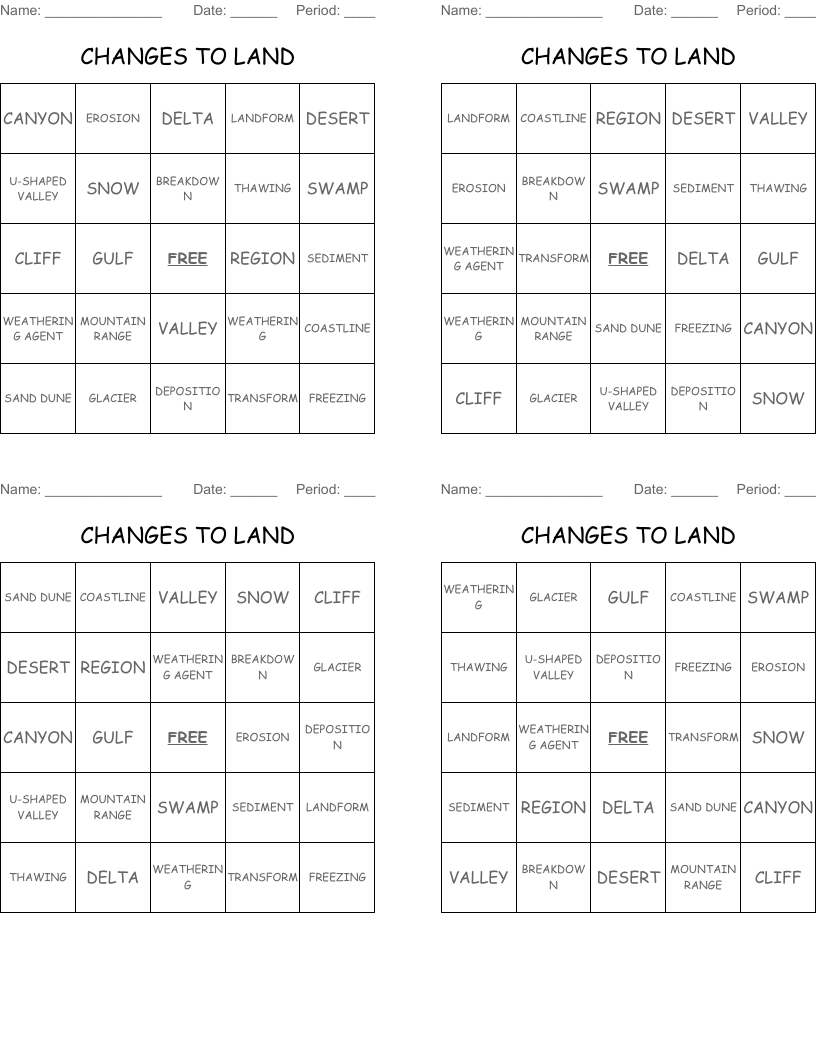 CHANGES TO LAND Bingo Cards